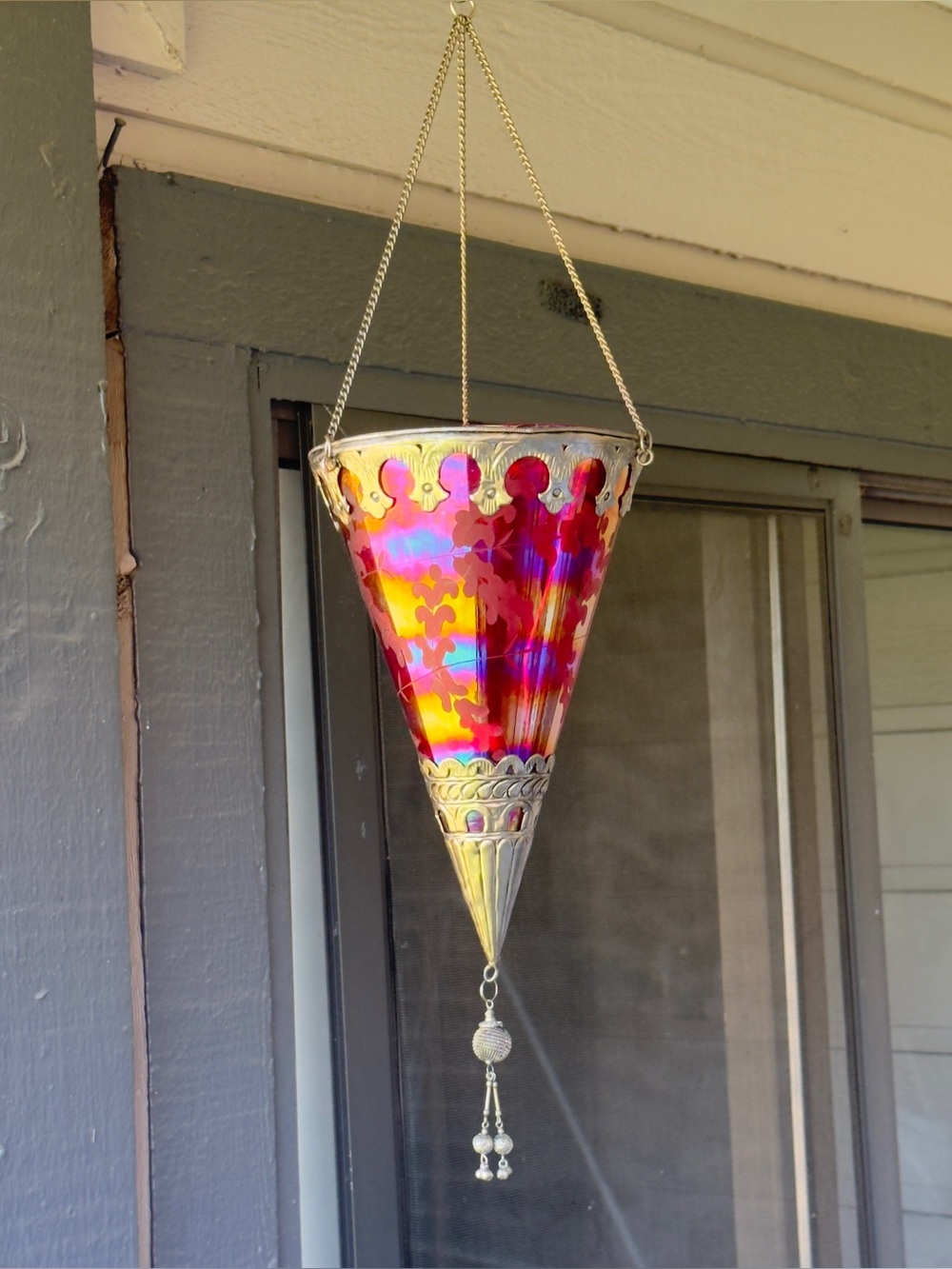 Irridescent Turkish Cut Glass Candle Pendant, Metal Framed Moroccan Lamp Lantern